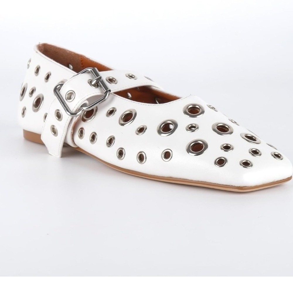 Mary Jane Flats Women 7.5 White Grommet Eyelet Square Toe Edgy Punk C97